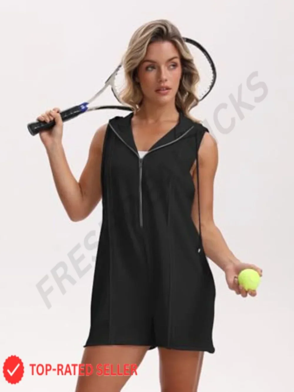 Women's Sleeveless Hooded Romper Jumpsuit with Pockets Zip-Front Casual Athletic